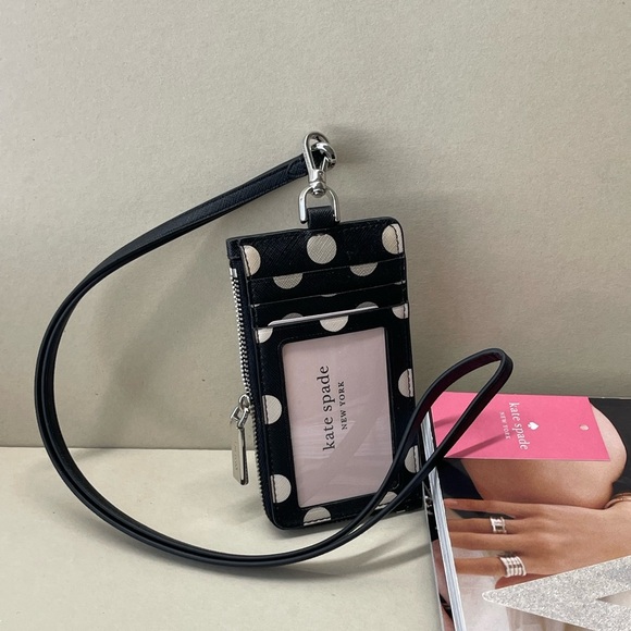 (new+tag) Kate Spade polk dot lanyard ID / card case, zip up, cash slot black - Picture 8 of 10